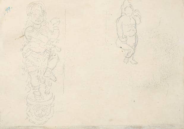 A hitherto unseen drawing of a dwarapalaka by Raja Ravi Varma.