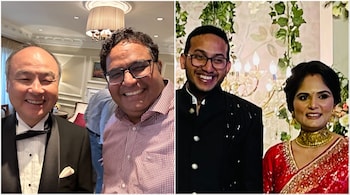 SoftBank founder and CEO Masayoshi Son with Paytm founder Vijay Shekhar Sharma at OYO founder Ritesh Agarwal's wedding (right). (Image credit: @vijayshekhar/Twitter)