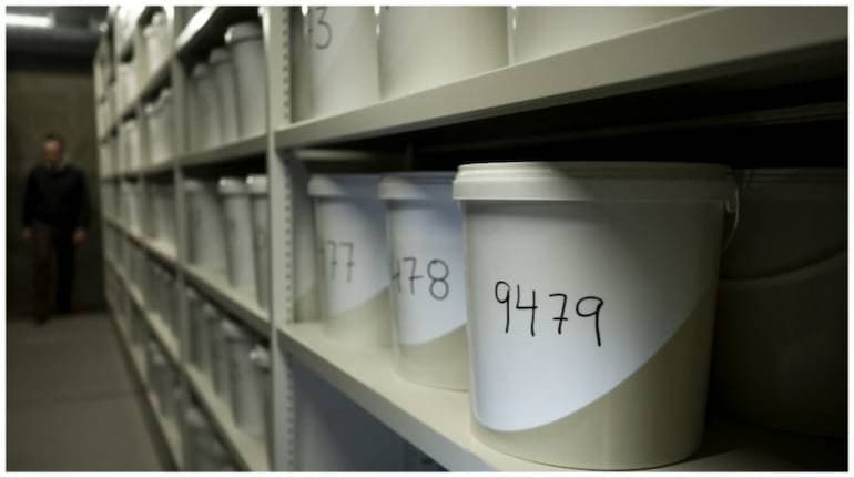 Preserved in formalin, they are stored in large white buckets labelled with numbers. Preserved in formalin, they are stored in large white buckets labelled with numbers.