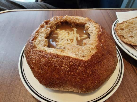 French onion soup at Paul, Delhi.