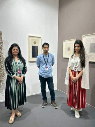 Blueprint 12 gallery directors at the Dubai Art Fair L to R - Riddhi Bhalla, artist Youdhisthir Maharjan, Mandiraa Lambba