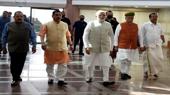 PM Narendra Modi with Union Ministers Jitendra Singh, Pralhad Joshi, Arjun Ram Meghwal and V. Muraleedharan arrives to attend the BJP Parliamentary Party meeting, in New Delhi, on March 28, 2023. (PTI Photo)