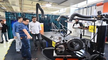 T-Works CEO Sujai Karampuri and Telangana's IT and industries minister KT Rama Rao at the T-Works facility in Hyderabad