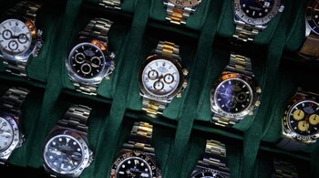 A tray of Rolex watches are seen on a dealer's stand at the London Watch Show in London, England. The event runs March 18-20 at the Grosvenor House hotel on Park Lane, London. (Photo by Leon Neal/Getty Images)