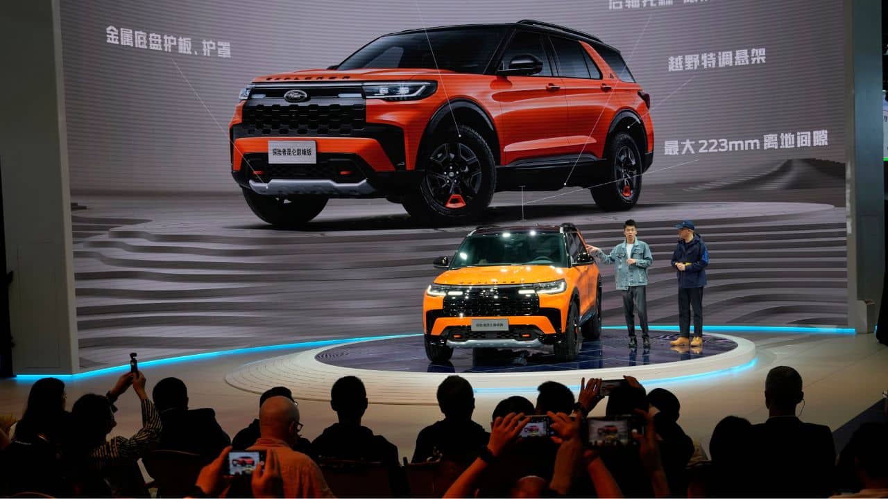 Ford presents its latest Explorer vehicle during the Auto Shanghai 2023 show in Shanghai. (Image: AP)