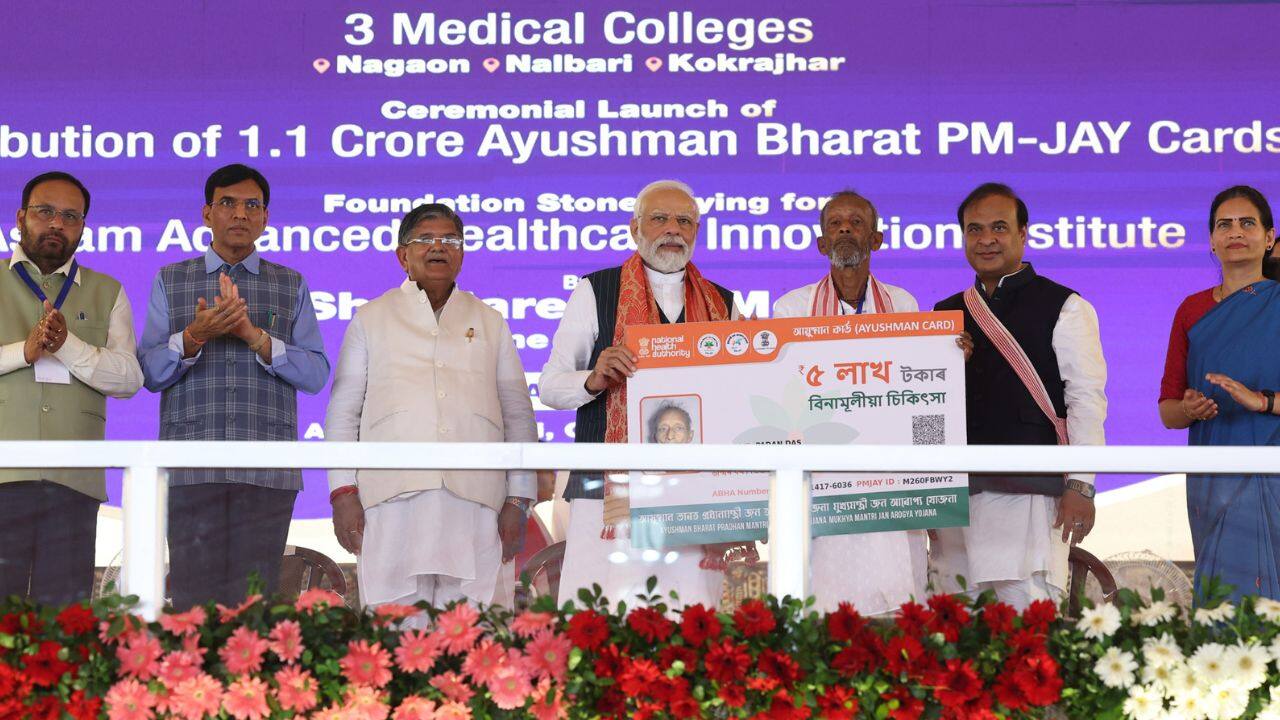 The prime minister also launched the distribution of 1.1 crore Ayushman cards to beneficiaries who will be able to avail cashless healthcare medical treatment benefits up to Rs 5 lakh with these cards. (Image: PIB) (With inputs from agencies)