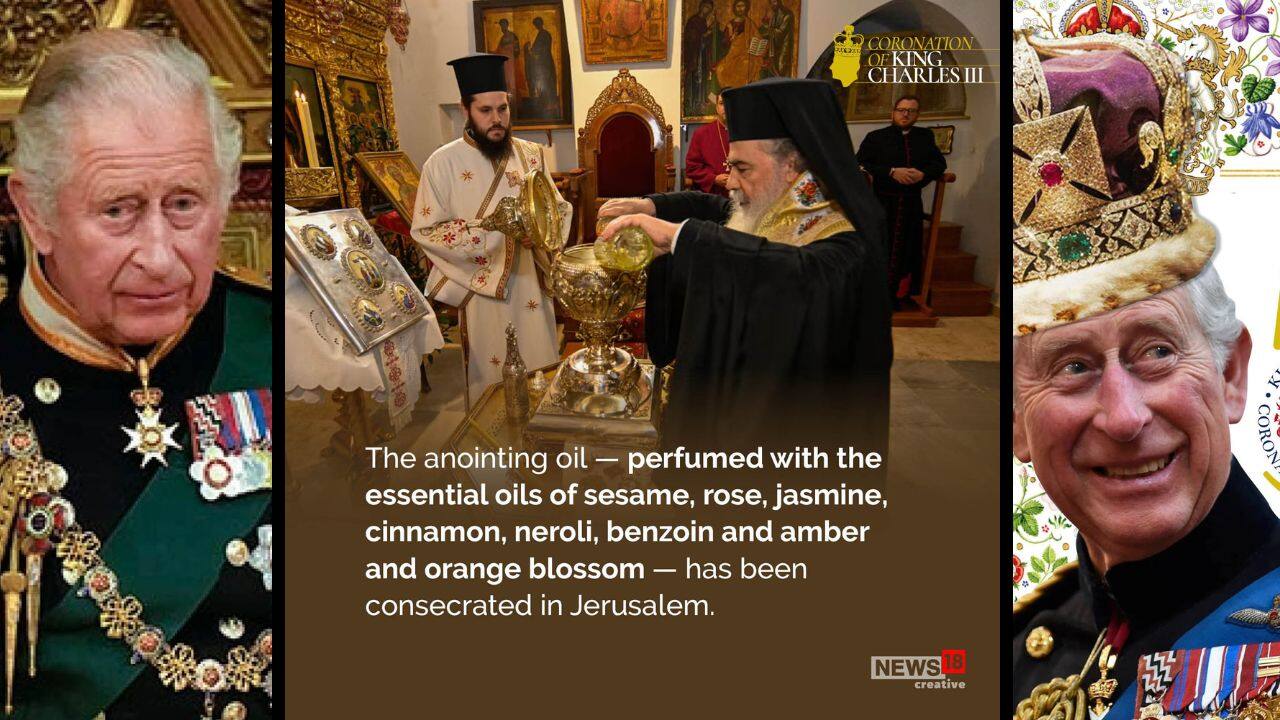 The anointing oil – perfumed with the essential oils of sesame, rose, jasmine, cinnamon, neroli, benzoin and amber and orange blossom – has been consecrated in Jerusalem. (Image: News18 Creative)