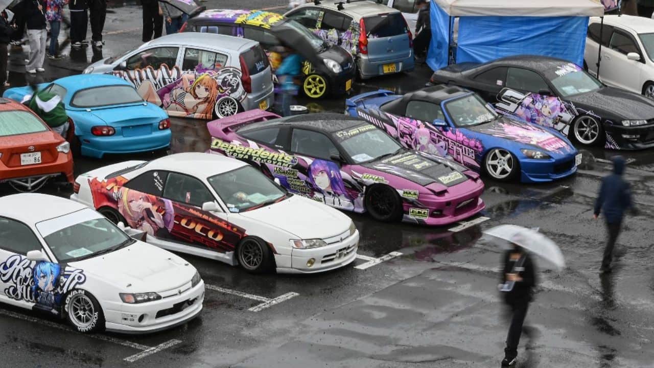 April 29, 2022, Chiba, Japan: Japanese cars Itasha decorated with anime  decals on display during the