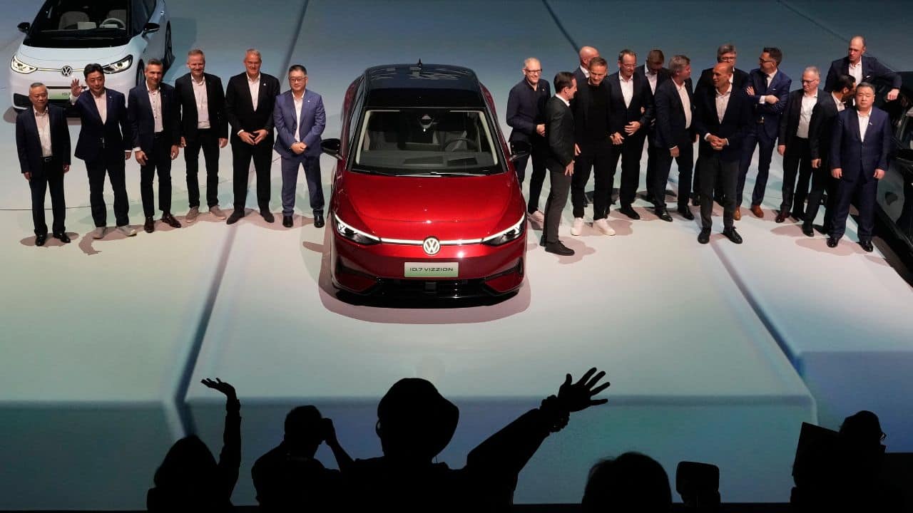 Volkswagen’s ID.7 sedan, the new flagship model for its electric vehicles, was one of 28 models displayed by the German automaker, half of them electrified. (Image: AP)