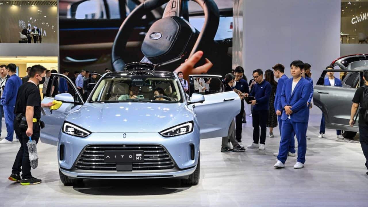 An Aito M5 car car is displayed during the 20th Shanghai International Automobile Industry Exhibition in Shanghai on April 19. (Image: AFP)