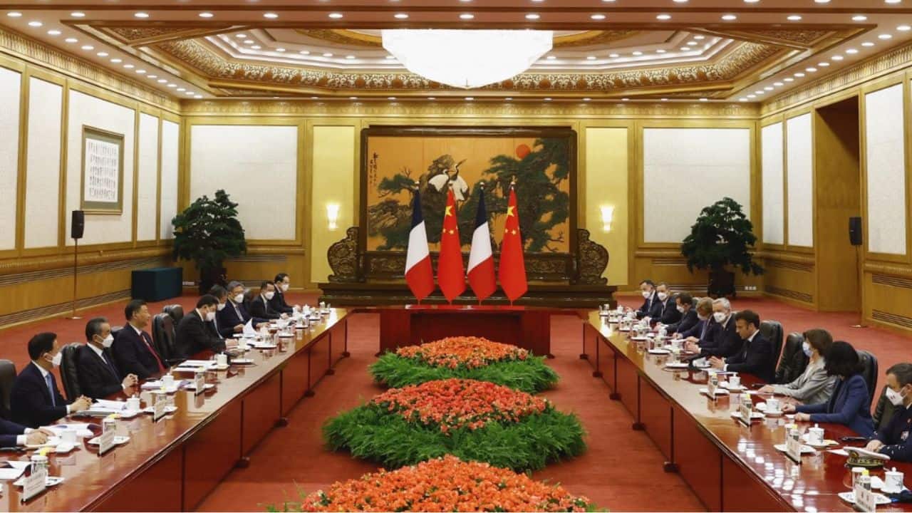 Following Macron's talks with Xi, the pair will give statements to the press, followed by a three-way meeting with von der Leyen and a state dinner. Macron will travel to Guangzhou in southern China to meet local students on April 7, taking with him a broad delegation of top politicians, business leaders and even celebrities, including composer Jean-Michel Jarre. (Source: AFP) Following Macron's talks with Xi, the pair will give statements to the press, followed by a three-way meeting with von der Leyen and a state dinner. Macron will travel to Guangzhou in southern China to meet local students on April 7, taking with him a broad delegation of top politicians, business leaders and even celebrities, including composer Jean-Michel Jarre. (Source: AFP)