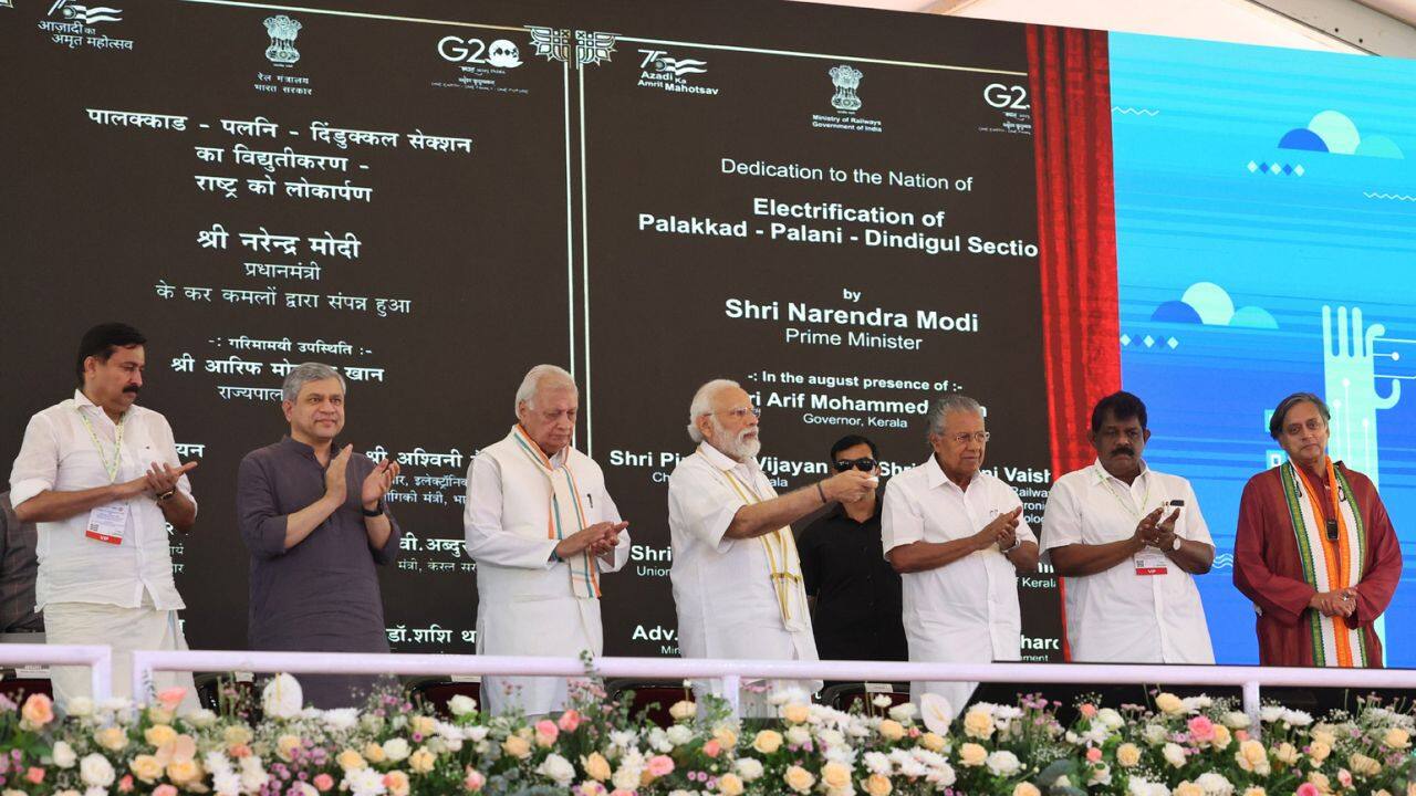 PM Modi, who arrived in Kerala on April 24 for a two-day visit, lays the foundation stone and inaugurates various projects worth more than Rs 3,200 crore at Central Stadium in Thiruvananthapuram. (Image: PIB)