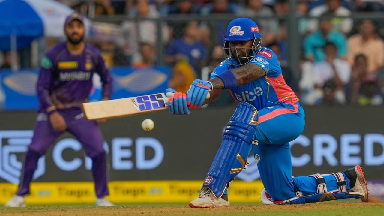 Yadav, who had scored only 16 runs in his last six innings across white-ball cricket, smacked 43 off 25 balls to propel Mumbai’s 186-5 in 17.4 overs in reply to Kolkata’s 185-6. (Image: AP)