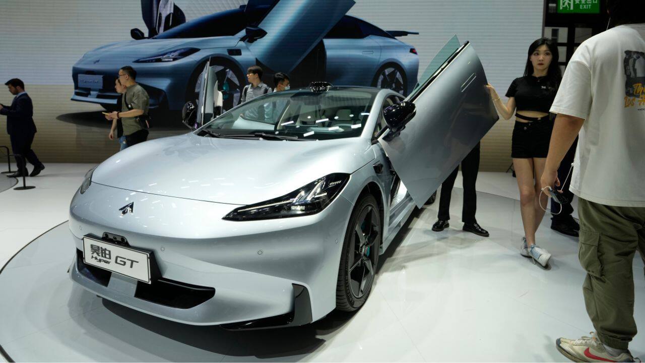 The Aion Hyper GT, an electric sedan from Chinese automaker GAC, is displayed at the Auto Shanghai 2023 show in Shanghai. (Image: AP)