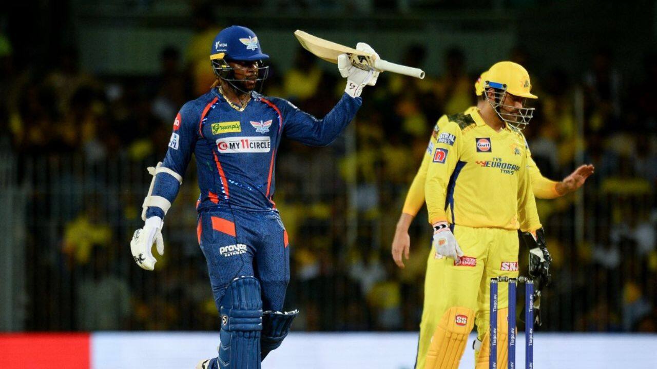 Then Mayers’ sweep of Ali was caught head high by Devon Conway at deep midwicket. Ali also claimed captain Lokesh Rahul and Krunal Pandya to claim three wickets in his first three overs. (Image: AFP) Then Mayers’ sweep of Ali was caught head high by Devon Conway at deep midwicket. Ali also claimed captain Lokesh Rahul and Krunal Pandya to claim three wickets in his first three overs. (Image: AFP)