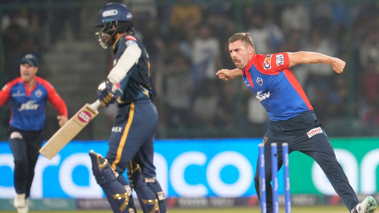 The express pace of Anrich Nortje (2-39), playing his first game of the season, briefly rattled the defending champions when the South African fast bowler clean bowled both openers Wriddhiman Saha and Shubman Gill and then captain Hardik Pandya edged fast bowler Khaleel Ahmed as Gujarat lost three wickets inside the batting powerplay. (Source: AP) The express pace of Anrich Nortje (2-39), playing his first game of the season, briefly rattled the defending champions when the South African fast bowler clean bowled both openers Wriddhiman Saha and Shubman Gill and then captain Hardik Pandya edged fast bowler Khaleel Ahmed as Gujarat lost three wickets inside the batting powerplay. (Source: AP)