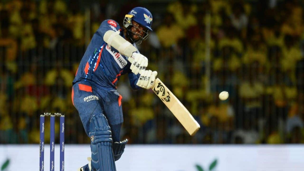 Mayers clubbed eight boundaries and two sixes in a swashbuckling 22-ball knock against the likes of seamers Deepak Chahar, Ben Stokes and impact player Tushar Deshpande. (Image: AFP) Mayers clubbed eight boundaries and two sixes in a swashbuckling 22-ball knock against the likes of seamers Deepak Chahar, Ben Stokes and impact player Tushar Deshpande. (Image: AFP)