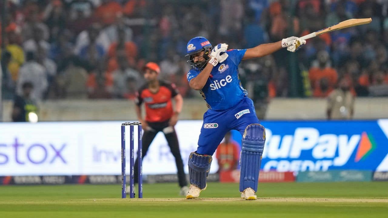 Mumbai skipper Rohit Sharma (28) blazed six boundaries before he got a leading edge when he tried to flick fast bowler Thangarasu Natarajan on the on side and was caught at mid-off. (Image: AP)