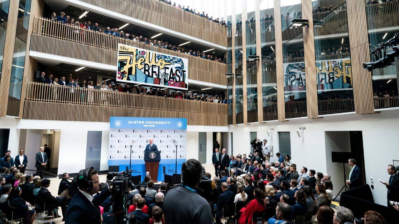 &quot;I hope the (Northern Ireland) Executive and Assembly will soon be restored,&quot; Biden said in a speech at Ulster University, urging feuding political leaders to restore power-sharing government which has been suspended since February last year. (Image: AP)