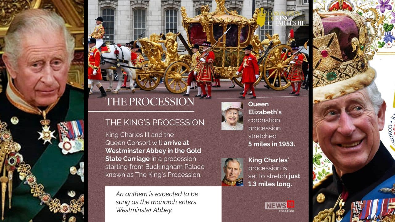 King Charles III and the Queen Consort will arrive at Westminster Abbey in the Gold State Carriage in a procession starting from Buckingham Palace known as The King’s Procession. (Image: News18 Creative)
