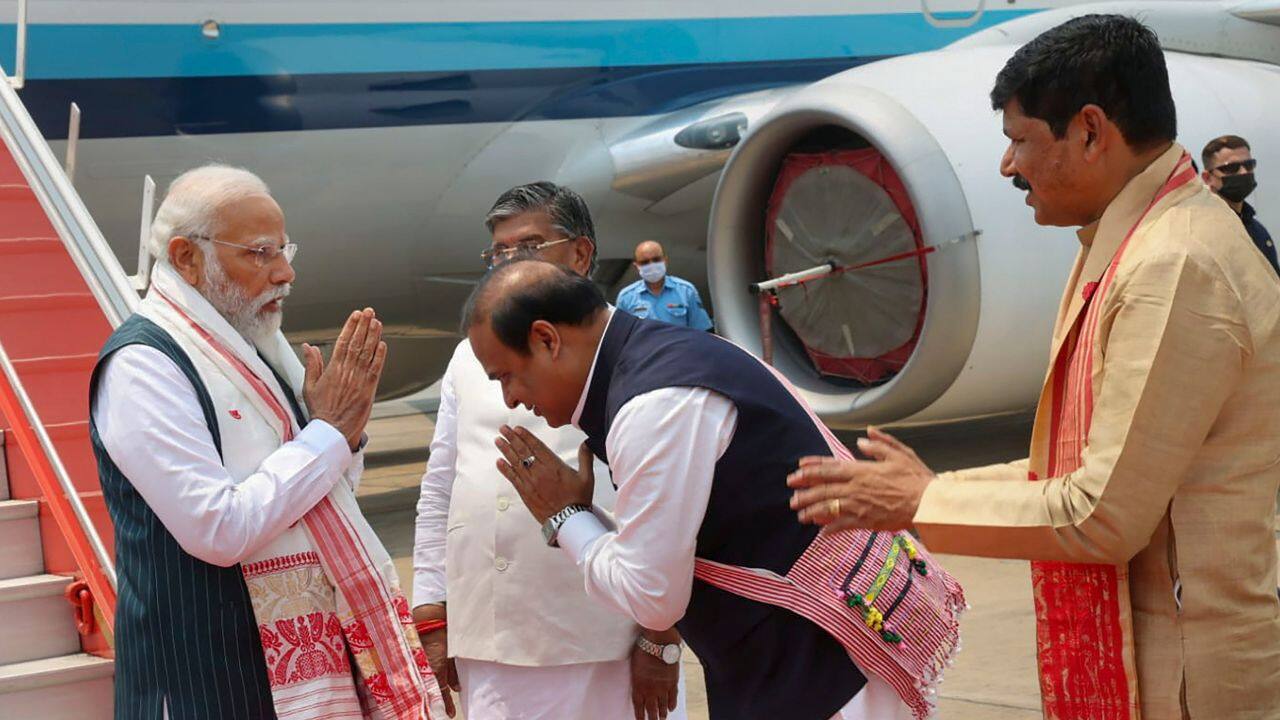 PM Modi flew into Guwahati on April 14 on a day-long trip to dedicate Rs 14,300 crore worth of development projects on the first day of the state’s spring festival 'Rongali Bihu'. He was received at the by Governor Gulab Chand Kataria and Chief Minister Himanta Biswa Sarma.