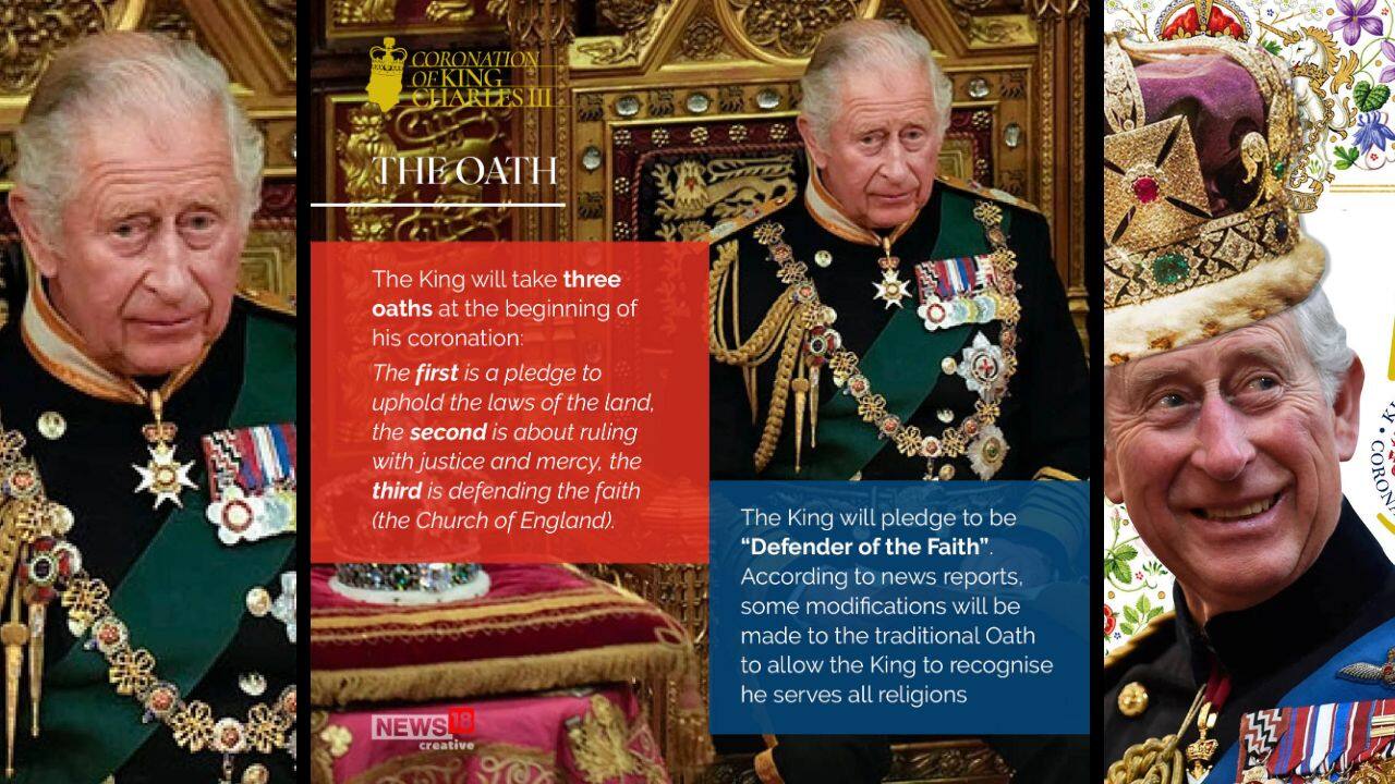 The King will take three oaths at the beginning of his coronation: the first is a pledge to uphold the laws of the land, the second is about ruling with justice and mercy, the third is defending the faith (the Church of England). (Image: News18 Creative)