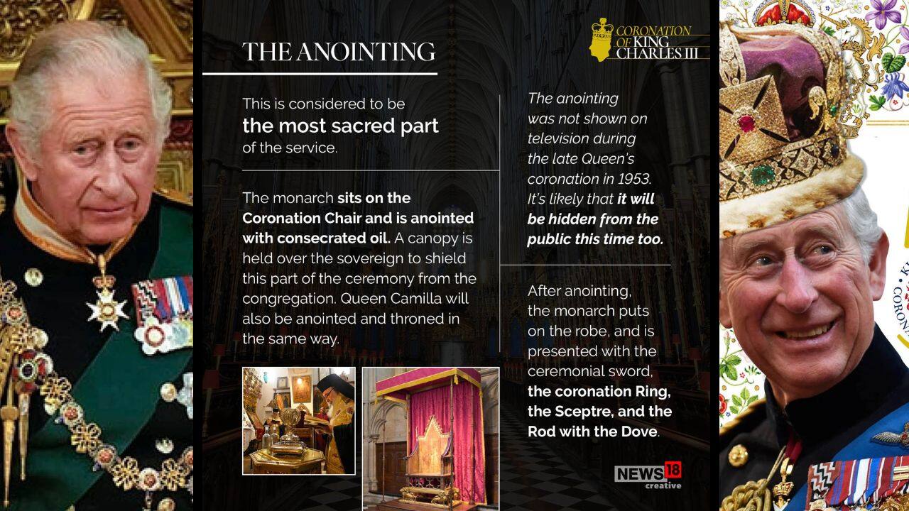 The anointing is considered to be the most sacred part of the service. After anointing, the monarch puts on the robe, and is presented with the ceremonial sword, the coronation Ring, the Sceptre, and the Rod with the Dove. (Image: News18 Creative)