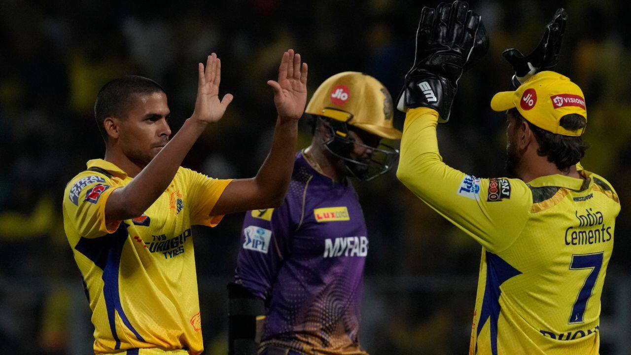 It was Chennai’s third highest score in IPL history and proved to be well beyond Kolkata’s reach. Young pacer Akash Singh bowled an impressive opening spell, dismissing Sunil Narine for a three-ball duck. (Image: AP) It was Chennai’s third highest score in IPL history and proved to be well beyond Kolkata’s reach. Young pacer Akash Singh bowled an impressive opening spell, dismissing Sunil Narine for a three-ball duck. (Image: AP)