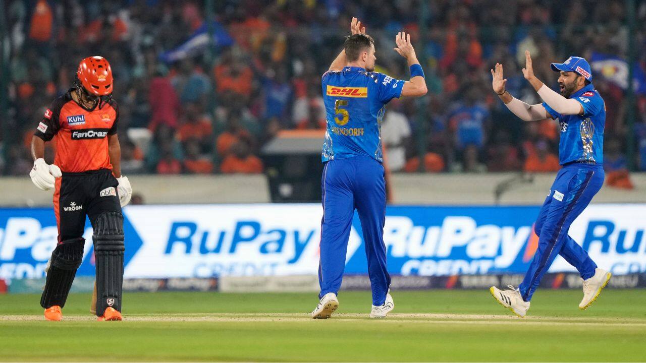 Jason Behrendorff‘s (2-37) struck twice in the powerplay which pegged back Hyderabad’s run-chase early as Harry Brook (9) top-edged fast bowler’s fourth ball and Rahul Tripathi (7) was caught behind. (Image: AP)