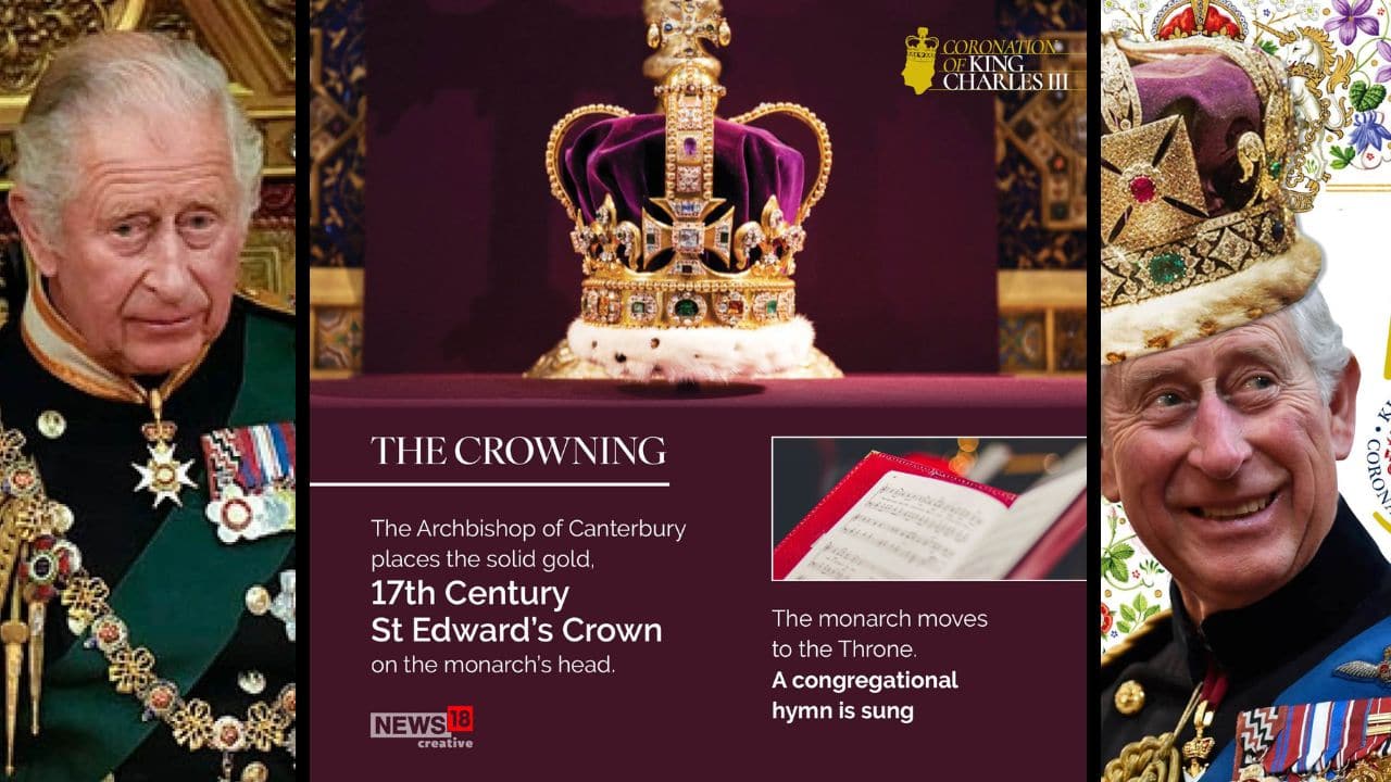 The Archbishop of Canterbury places the solid gold, 17th Century St Edward’s Crown on the monarch’s head. (Image: News18 Creative)