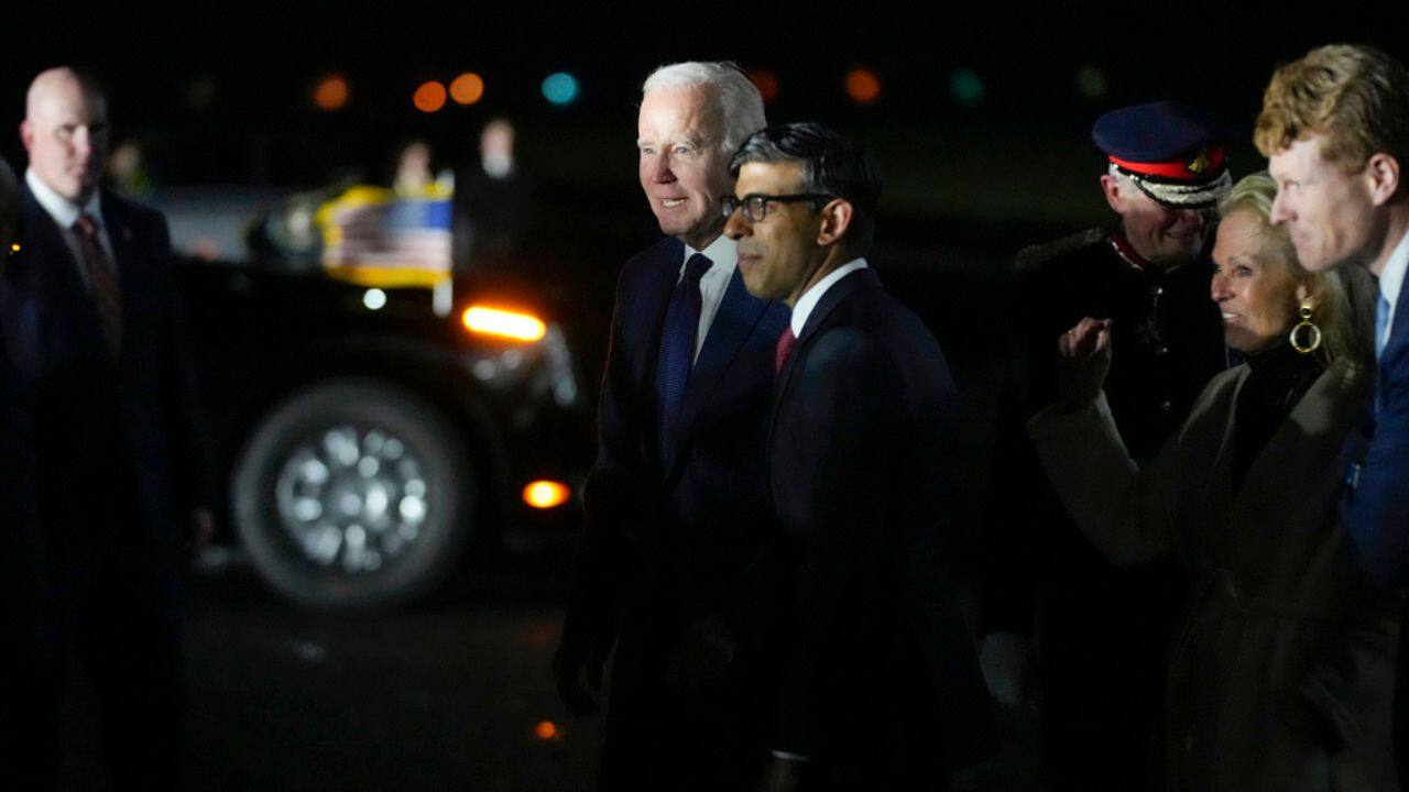 UK Prime Minister Rishi Sunak met Biden on the tarmac when he touched down in the Northern Irish capital, just 24 hours after the landmark anniversary of the Good Friday/Belfast Agreement. (Image: AP)