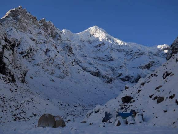 Base camp of Zemu Gap expedition, with Pandim North face in the background. (Photos courtesy Anindya Mukherjee)