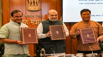 Union Home Minister Amit Shah with Assam Chief Minister Himanta Biswa Sarma (L) and Arunachal Pradesh CM Pema Khandu during signing of the boundary agreement between the two states, in New Delhi, on April 20, 2023. (PTI Photo)