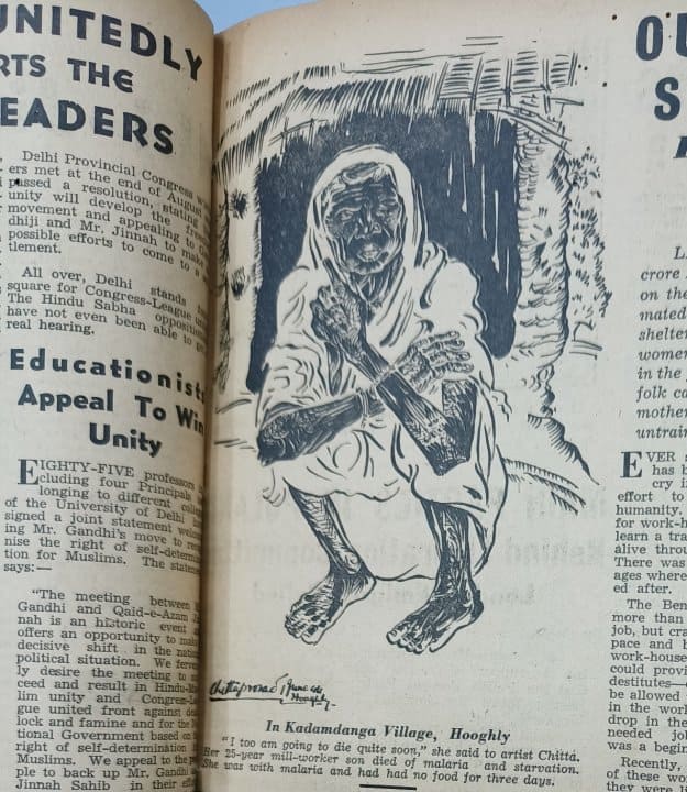 Chittaprosad’s sketches in the 6 August 1944 and 26 November 1944 editions of the paper. Archival photos of the People's Age from the Ganashakti library, Kolkata, by Sohini