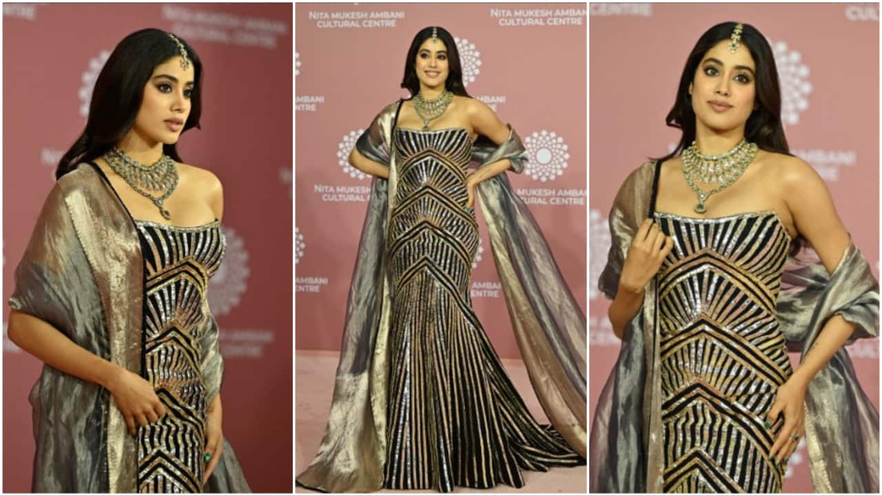 Actor Janhvi Kapoor poses for pictures during the inauguration of the Nita Mukesh Ambani Cultural Centre (NMACC) at the Jio World Centre (JWC) in Mumbai.