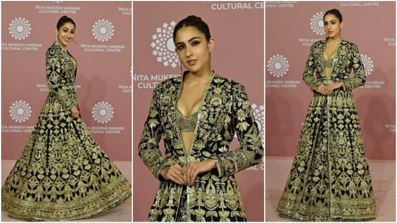 Actor Sara Ali Khan poses for pictures during the inauguration of the Nita Mukesh Ambani Cultural Centre (NMACC) at the Jio World Centre (JWC) in Mumbai.