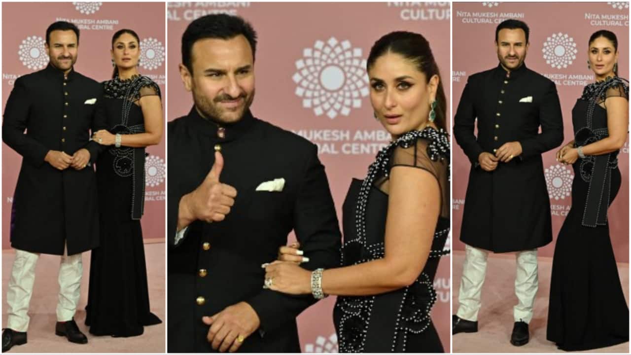 Actors Saif Ali Khan (L) and Kareena Kapoor poses for pictures during the inauguration of the Nita Mukesh Ambani Cultural Centre (NMACC) at the Jio World Centre (JWC) in Mumbai.