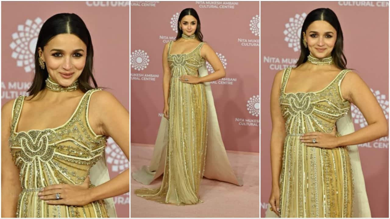 Actor Alia Bhatt poses for pictures during the inauguration of the Nita Mukesh Ambani Cultural Centre (NMACC) at the Jio World Centre (JWC) in Mumbai.