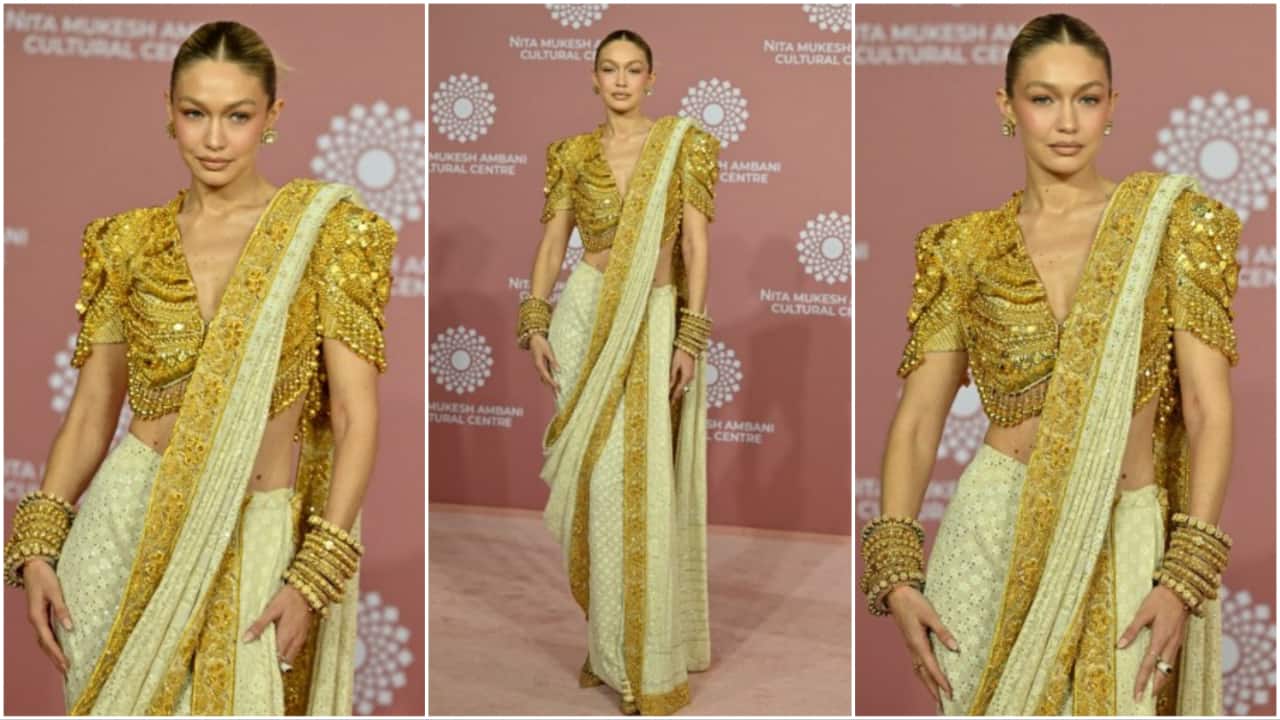US model Gigi Hadid poses for pictures during the inauguration of the Nita Mukesh Ambani Cultural Centre (NMACC) at the Jio World Centre (JWC) in Mumbai.