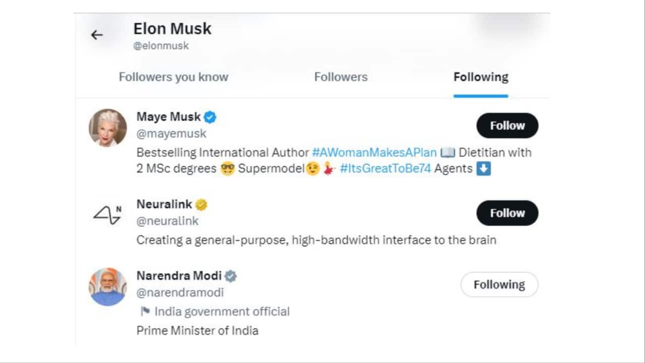 A screengrab of the list of accounts Elon Musk follows on Twitter.