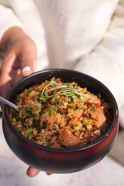 Easter Vegan food Wok tossed sausage and guntur chili rice by one8 Commune