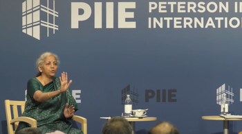 Finance Minister Nirmala Sitharaman speaking with Adam Posen of the Peterson Institute for International Economics.