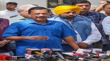 Delhi Chief Minister Arvind Kejriwal with Punjab CM Bhagwant Mann addressed a press conference before his CBI visit for questioning in a liquor policy case, in New Delhi, on April 16, 2023. (PTI Photo)