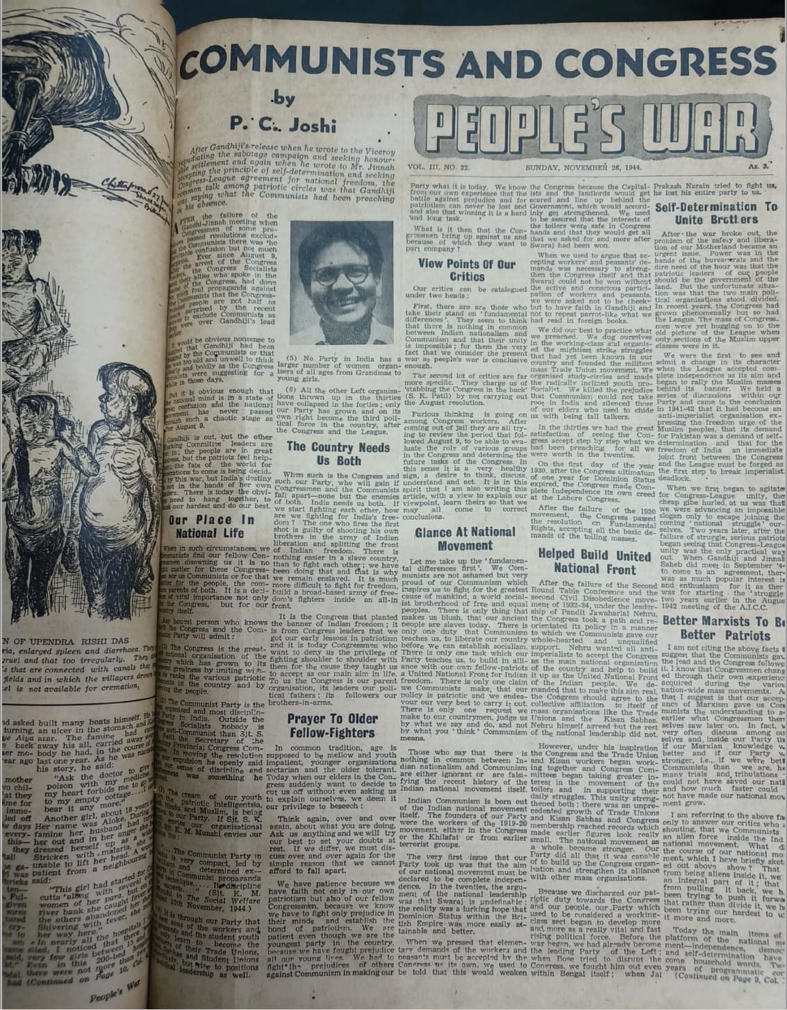 An op-ed by PC Joshi in the 26 November 1944 edition of the weekly. It has been said that Joshi’s closeness to Nehru and his party line of working with everyone is one reason for his sacking. Archival photo of the People's Age from the Ganashakti library, Kolkata, by Sohini