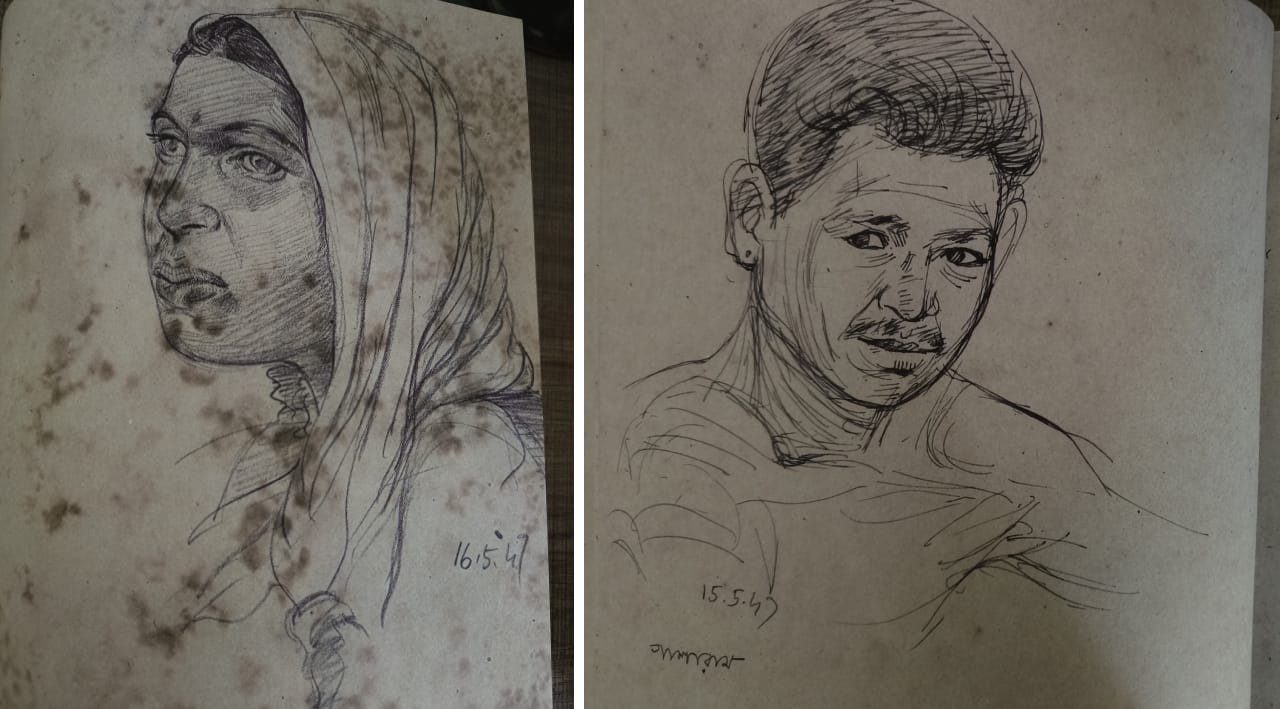 In The Tea Garden Journal in particular (images from The Tea Garden Journal published by Seagull Bools 2009), and in the handful of his sketches in Janayuddha, the imprint of Chittaprosad’s famine drawings is evident. Like him, Hore rendered many of the plantation labourers and famine subjects he encountered as portraits, offering direct or a degree of eye contact with viewers. The fourth image here is a woodcut from Tebhaga, published by Seagull Books, 2009. Courtesy: Seagull Books