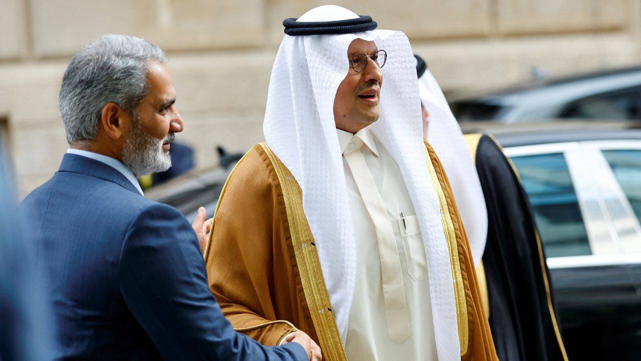 Saudi Arabia's Minister of Energy Prince Abdulaziz bin Salman Al-Saud and OPEC Secretary-General Haitham al-Ghais shake hands at the Organisation of the Petroleum Exporting Countries (OPEC) headquarters in Vienna, Austria. (Image: Reuters)