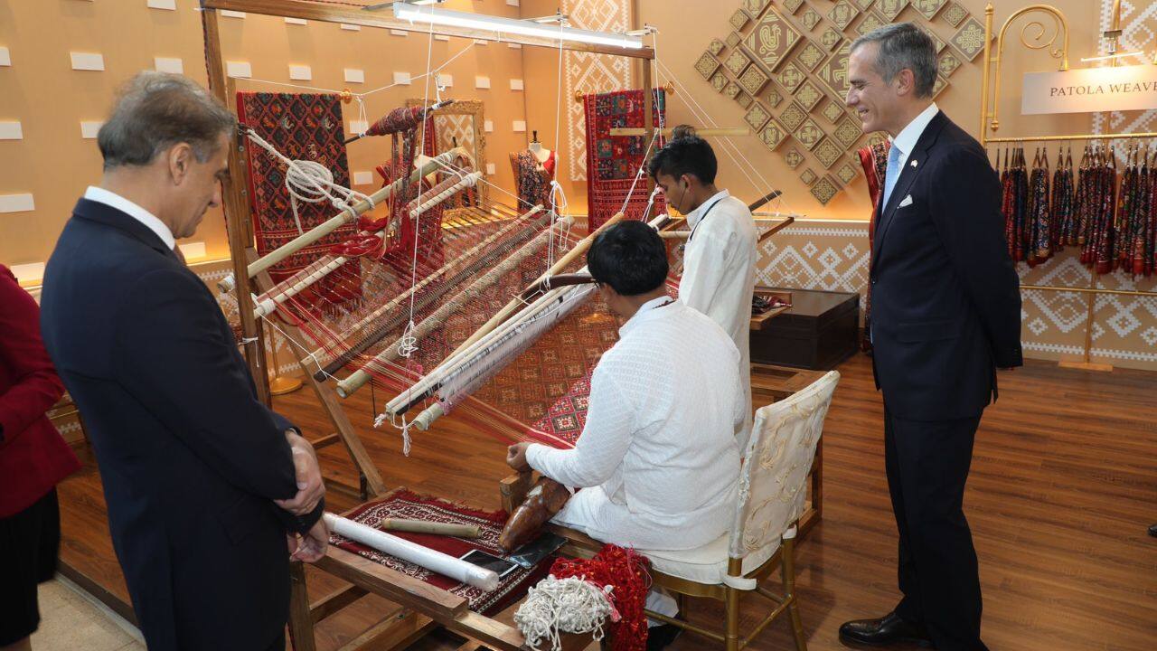 He also learnt about India's rich textile heritage at the India in Fashion exhibit at the NMACC. (Image: Twitter @USAmbIndia)