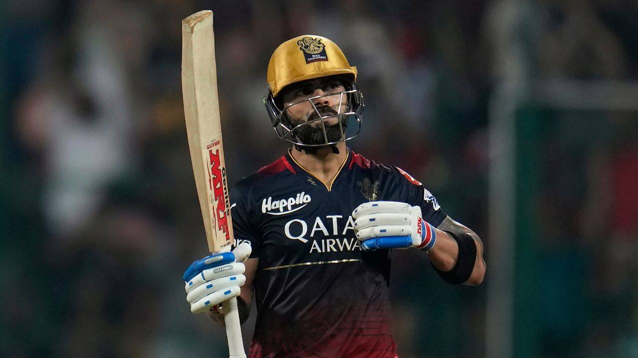 Kohli upped the scoring rate in the death overs with his superb drives on both sides of the wicket and became the first batter in IPL history to score seven centuries. (Image: AP)