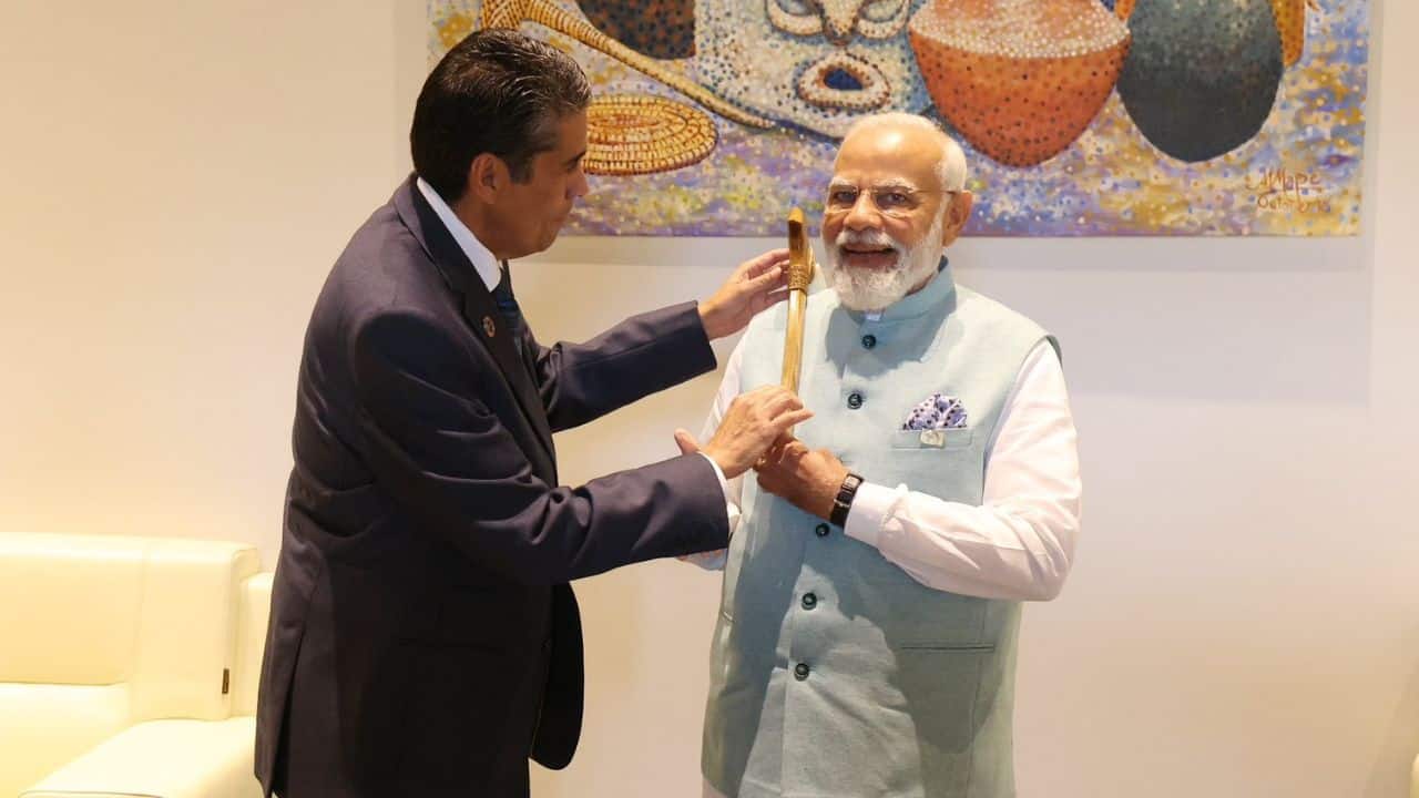 President Surangel Whipps Jr presented PM Modi with an Ebakl, which is of great cultural significance among the people of Palau. (Image: Twitter @MEAIndia)