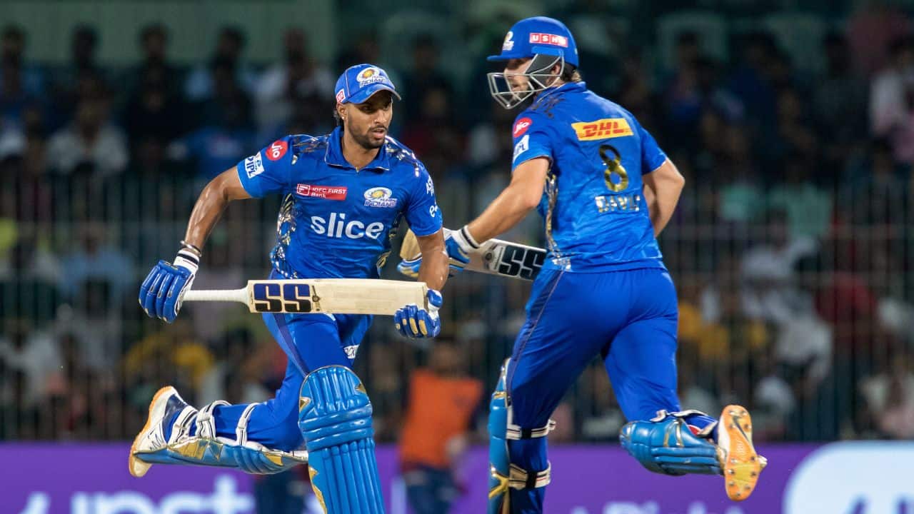 Tilak Varma hit back with a quickfire 26 and a 43-run stand with Tim David, who was out caught for 13 after unsuccessfully reviewing a full toss for being over waist-height. (Image: AP)